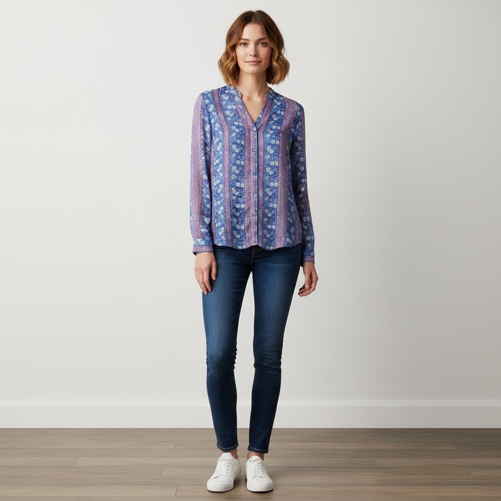 KUT from the Kloth Blue Floral Border Print Button Down Blouse XS KT32138 Boho